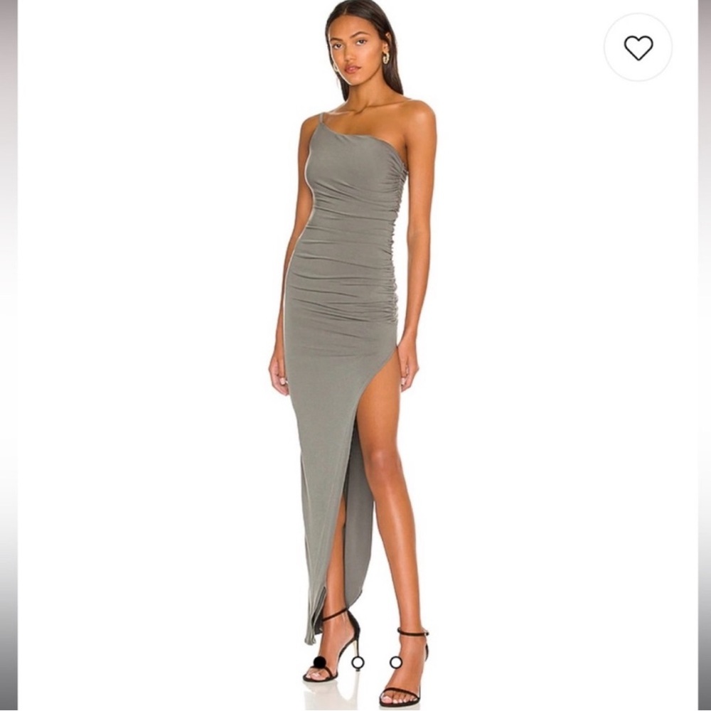 Revolve Nookie Aria One Shoulder Gown Khaki Green Sage Gown Wedding Guest Dress
